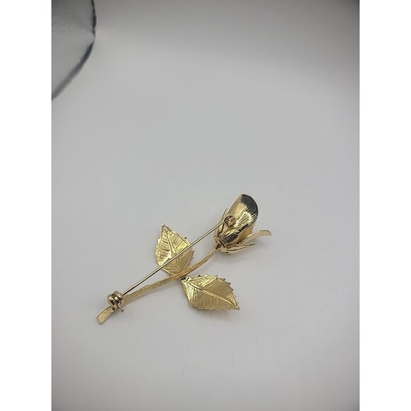 Vintage Brooch Pin Rose Flower Gold Tone Leaves Jewelry Costume - Picture 12 of 13